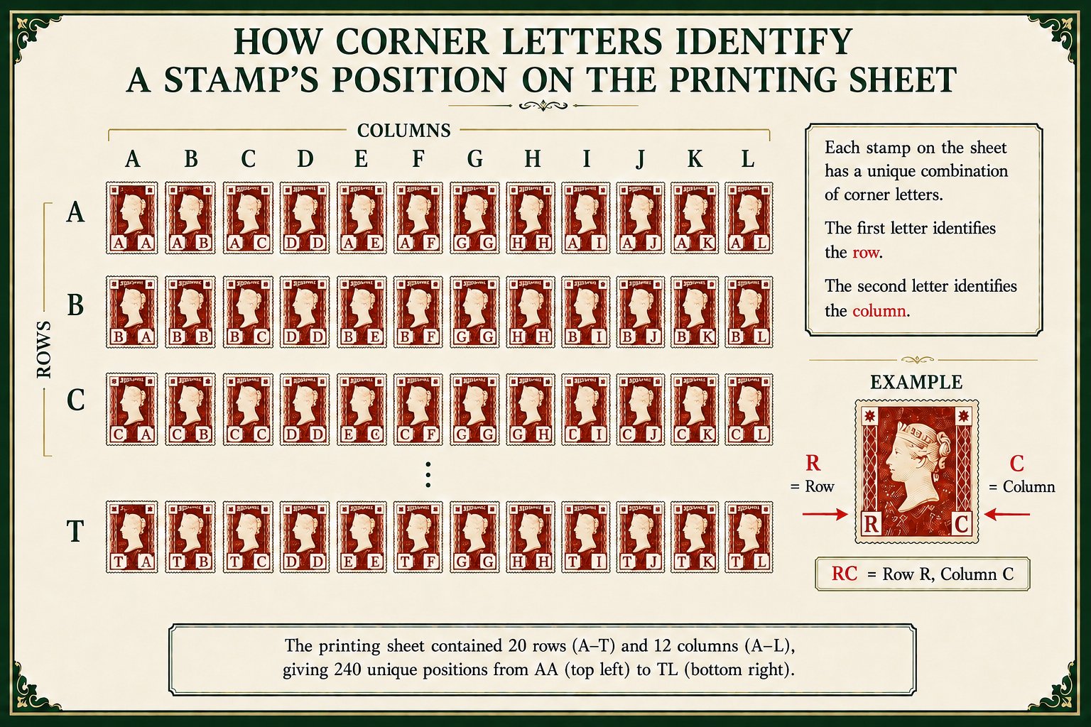 Diagram showing how corner letters identify a stamp's position on a printing sheet