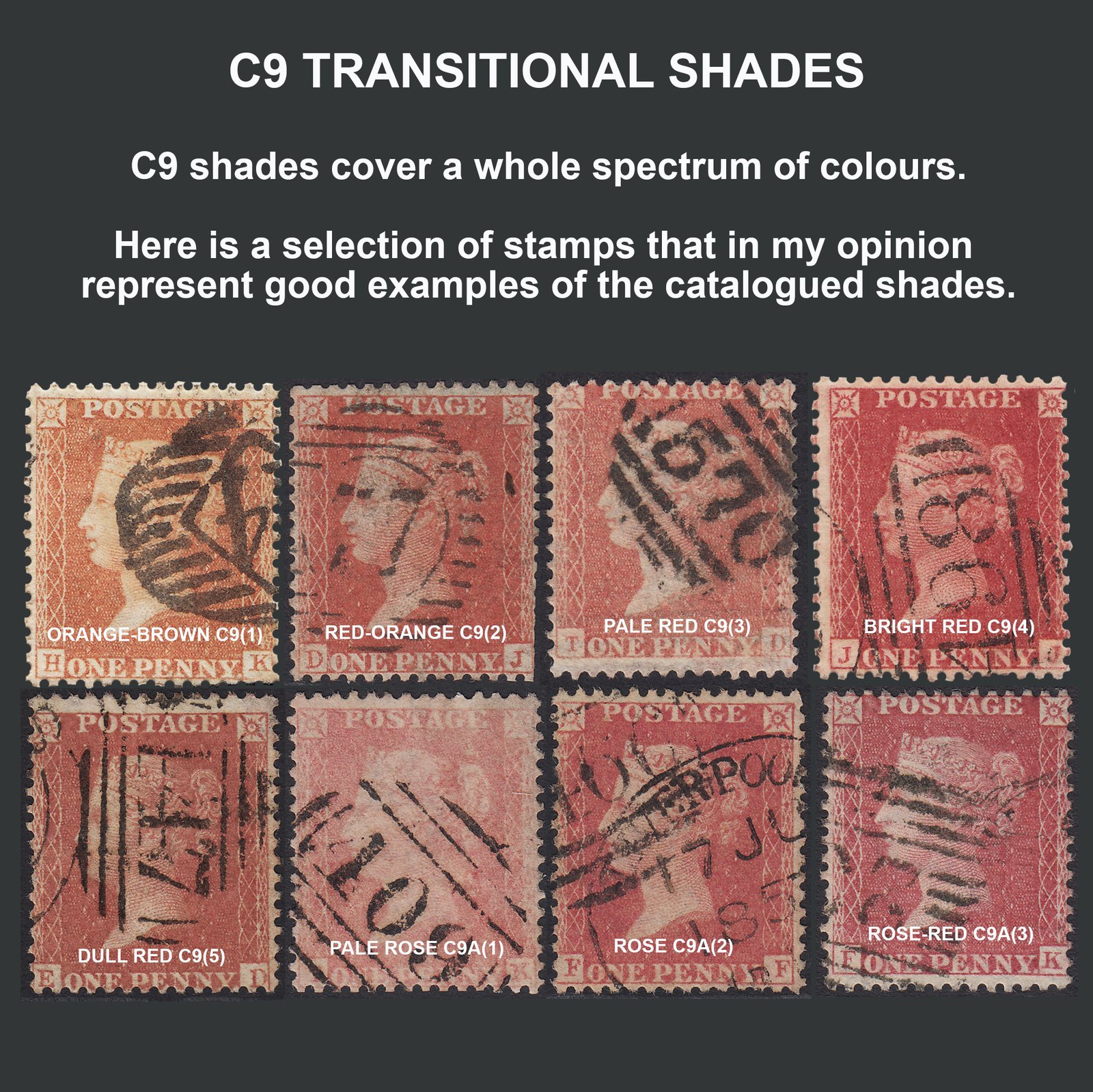 Guide showing the different shades of C9 transitional stamps