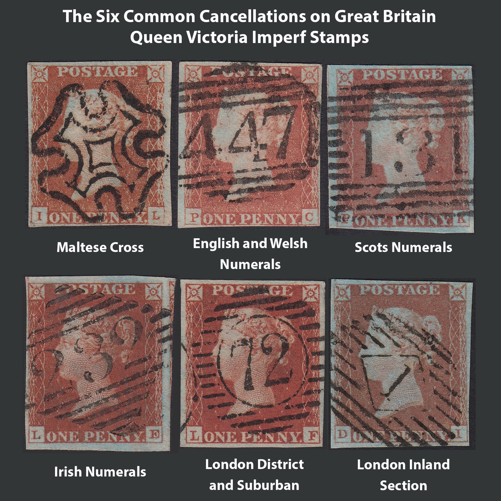 Guide showing the common postmarks on Great Britain Queen Victoria imperf stamps