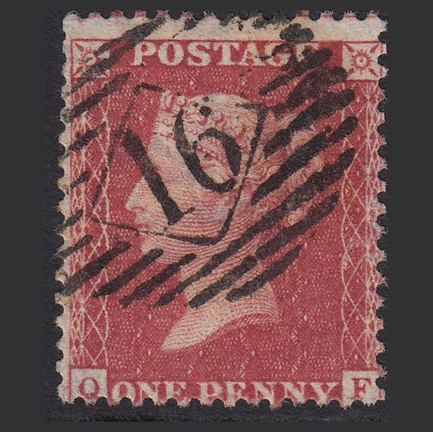 GB QV 1857 1d Rose-red (Plate 34) SG40-C10(1) QF GU London IS 16 Misperf