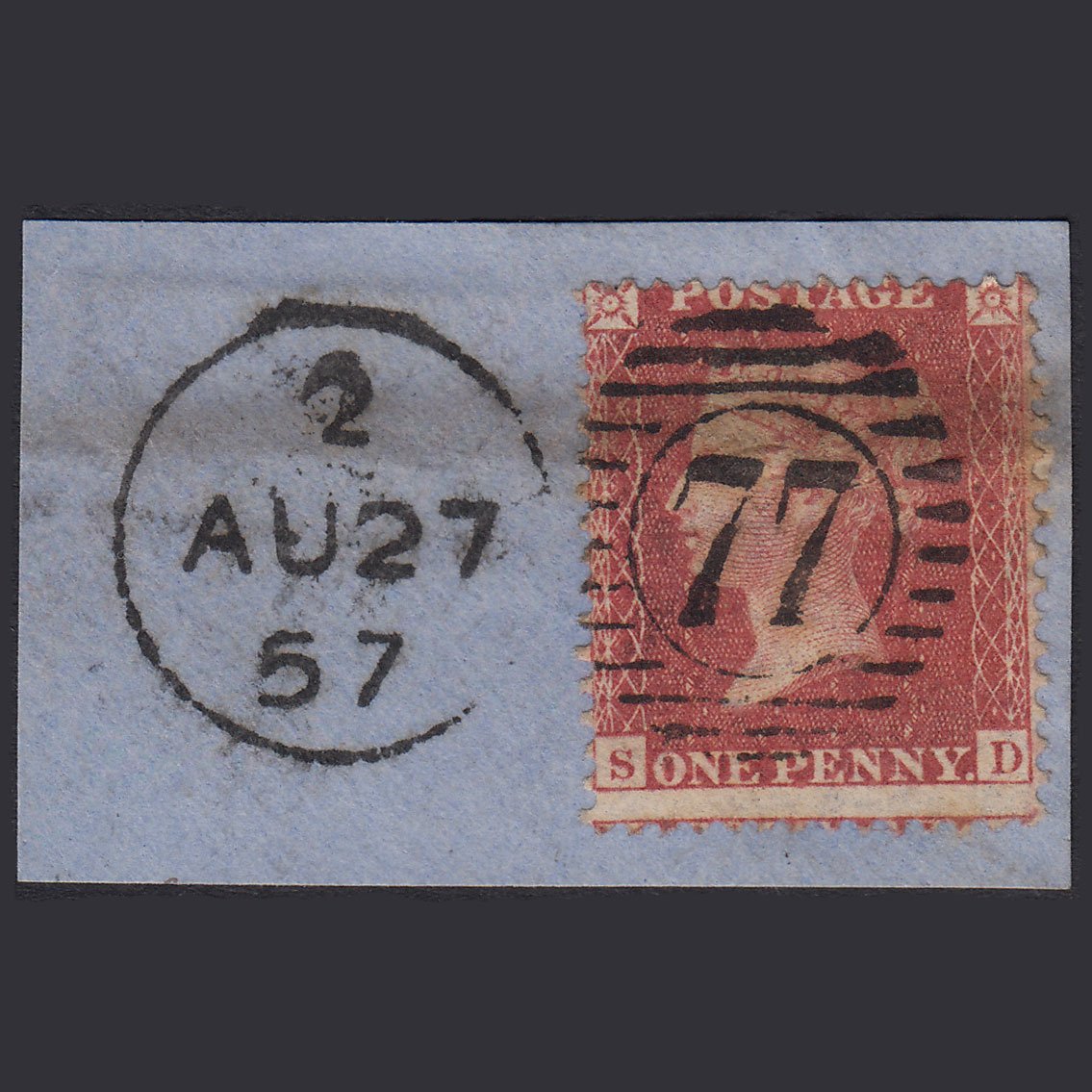 GB QV 1857 1d Pl 27 SG40-C10(1) SD GU London 77 Very Early Usage On Piece