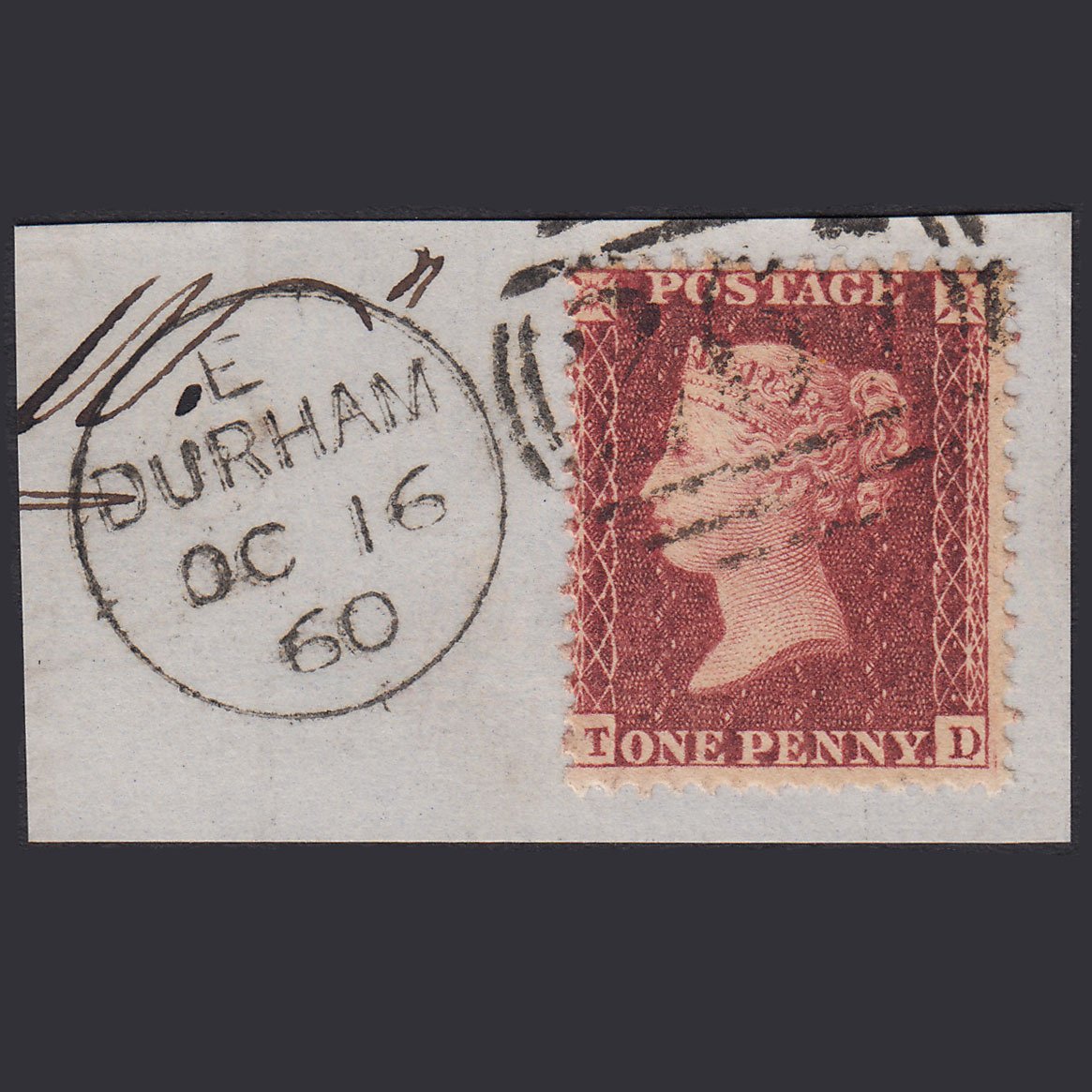 GB QV 1857 1d Plate 43 SG41-C10(4) TD VFU Durham 267 On Piece
