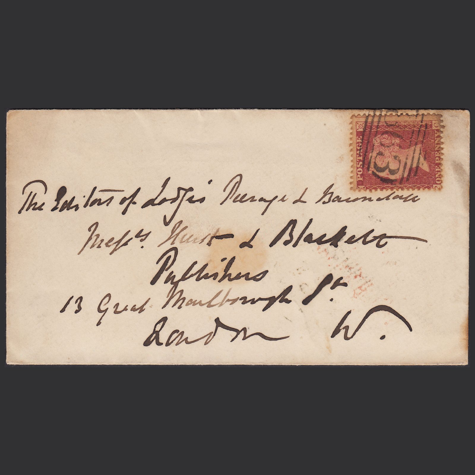 GB QV 1860 1d Rose-red (Plate 63) SG40-C10(1) PC PU Wells 863 on Cover