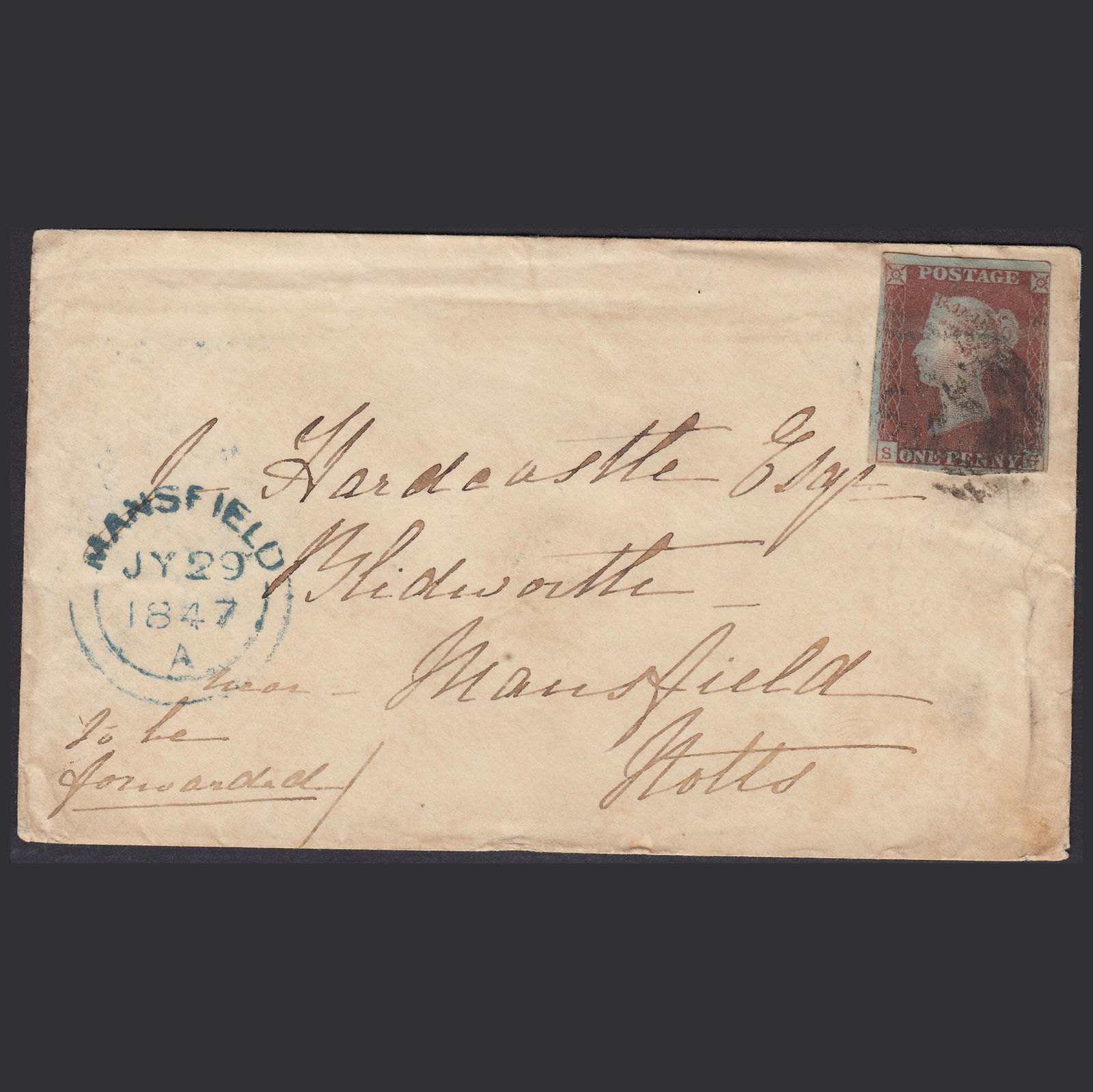 GB QV 1847 1d (Plate 72) SG8-B1(1) SG GU Leamington to Mansfield Cover
