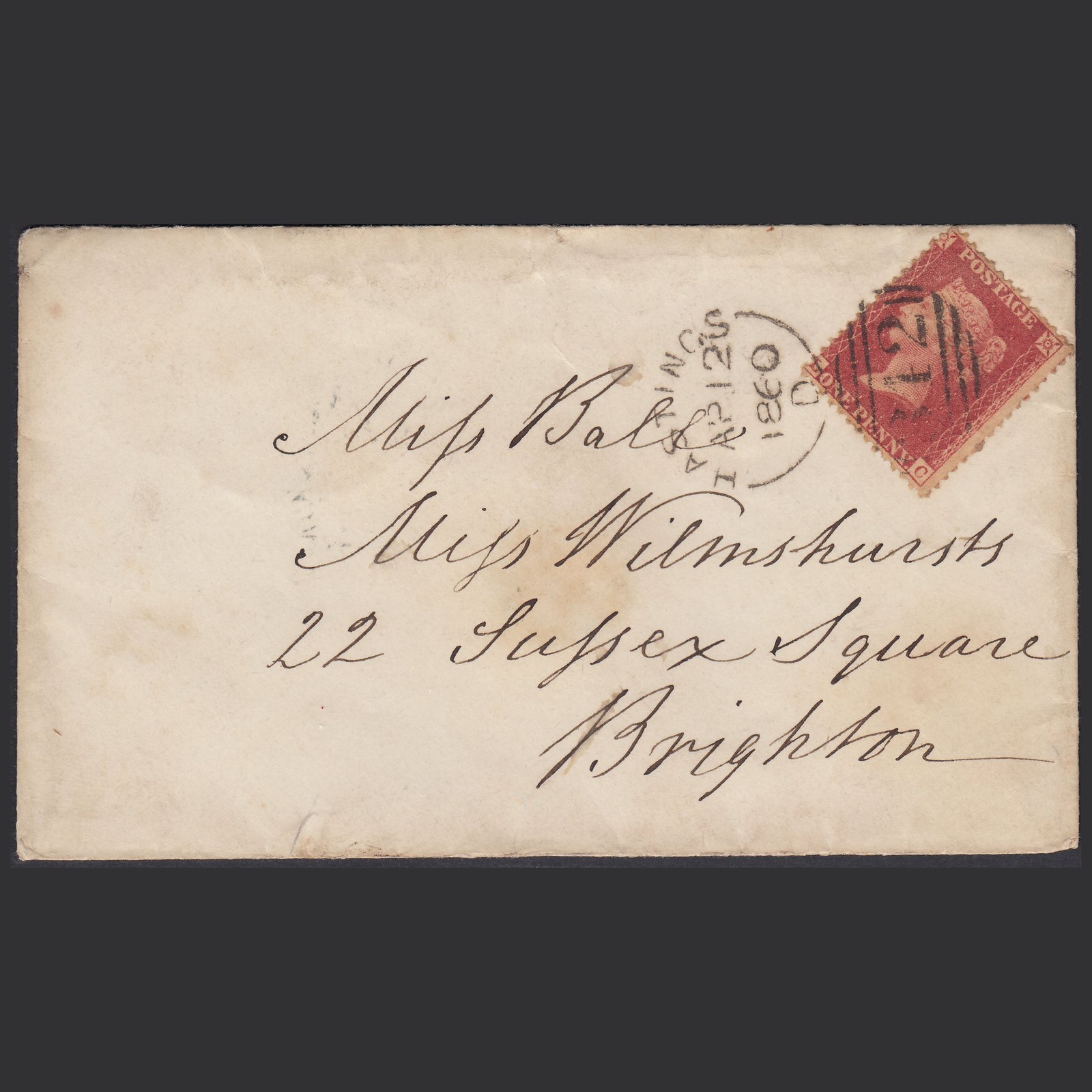 GB QV 1860 1d (Plate 36) SG40-C10(1) LC FU Hastings to Brighton Cover