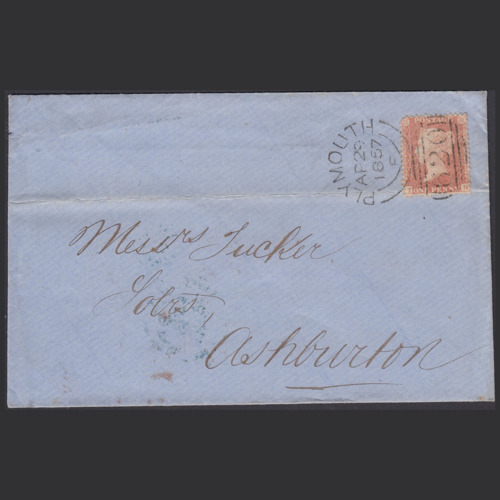 GB QV 1857 1d Pale Red (Plate 38) SGC9(3) TH PU Plymouth - Ashburton Cover