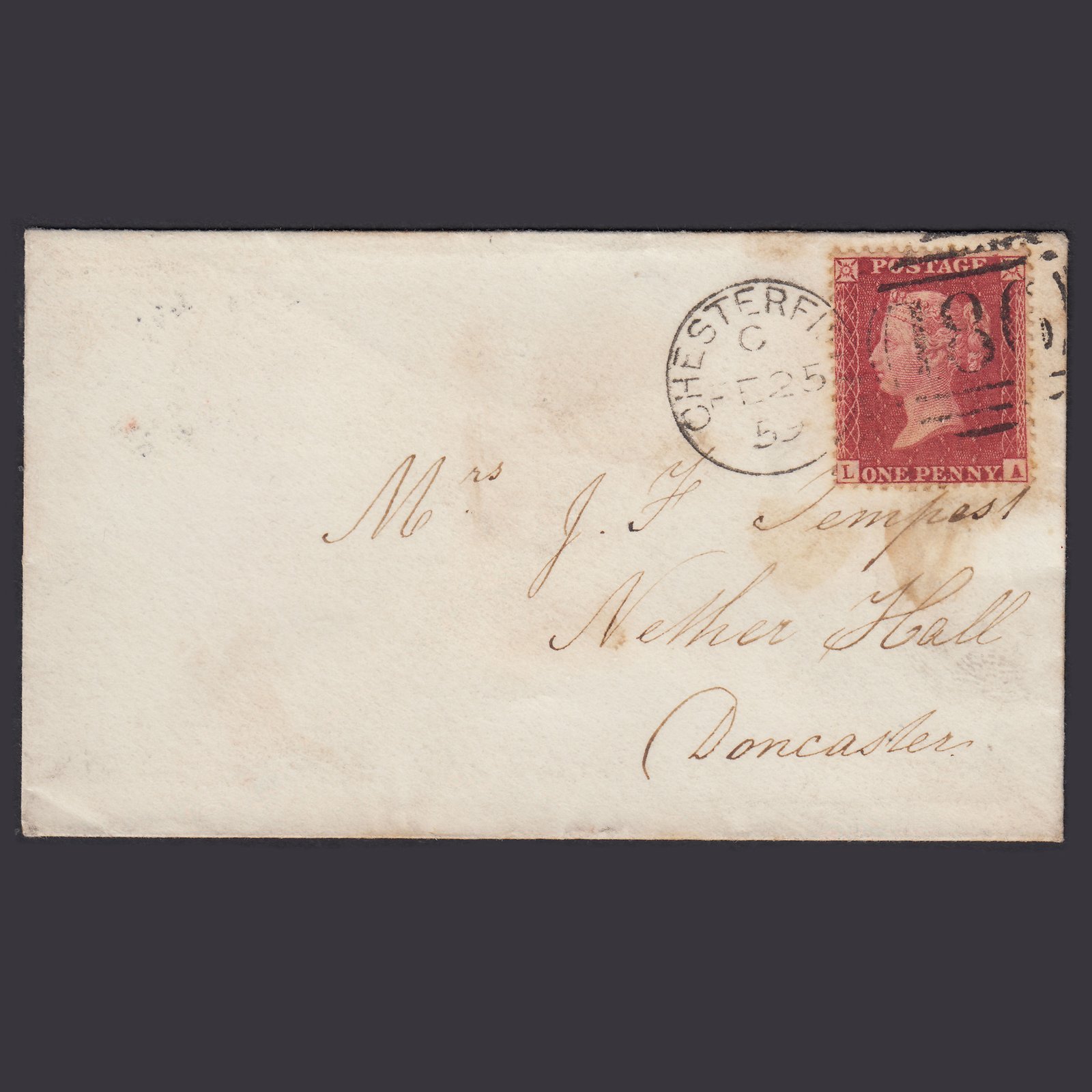 GB QV 1859 1d (Plate 55) SG40-C10(1) LA GU Chesterfield to Doncaster Cover