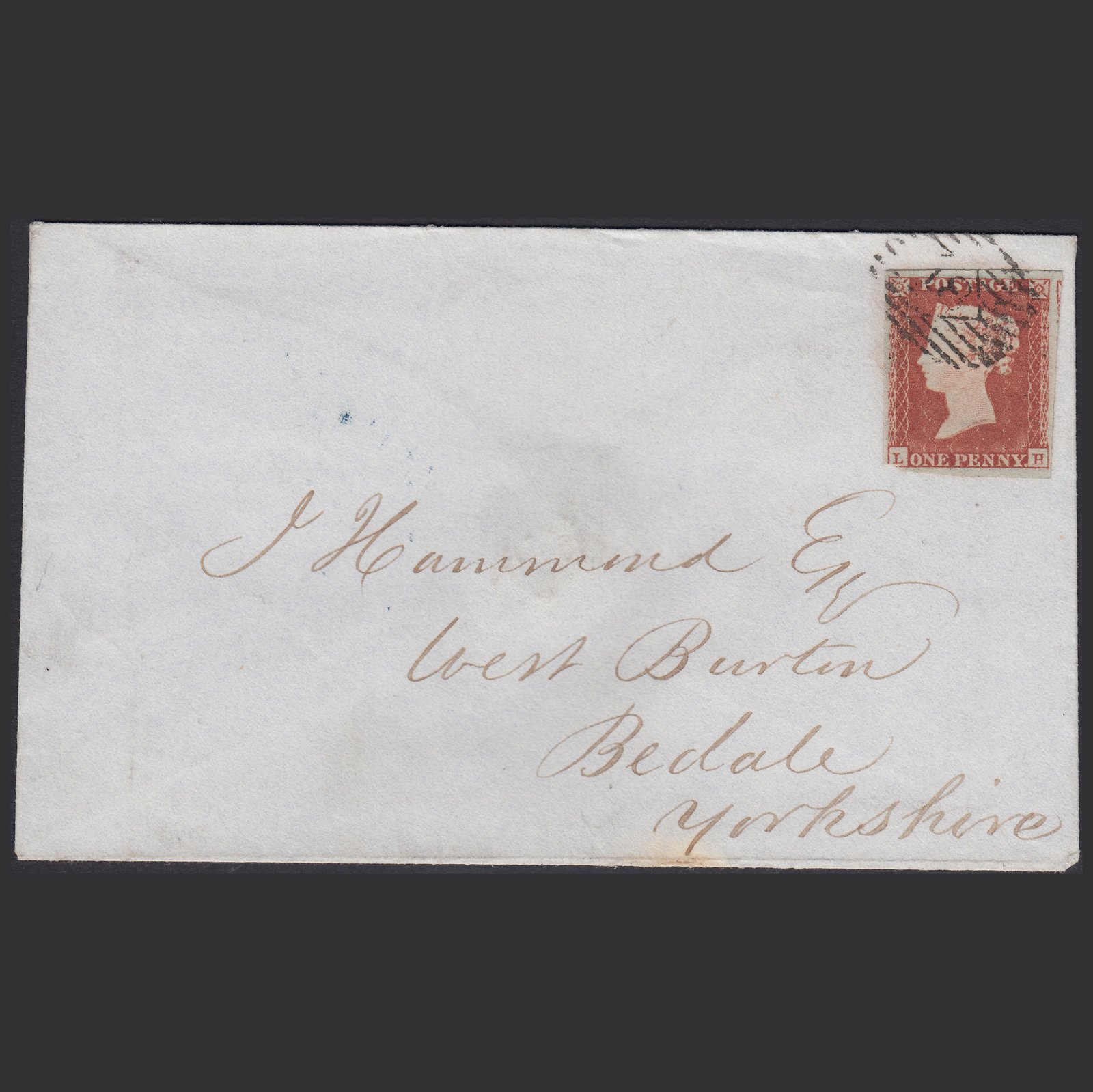 GB QV 1852 1d Red-brown (Plate 122) SG8-B1(1) LH GU London to Bedale Cover