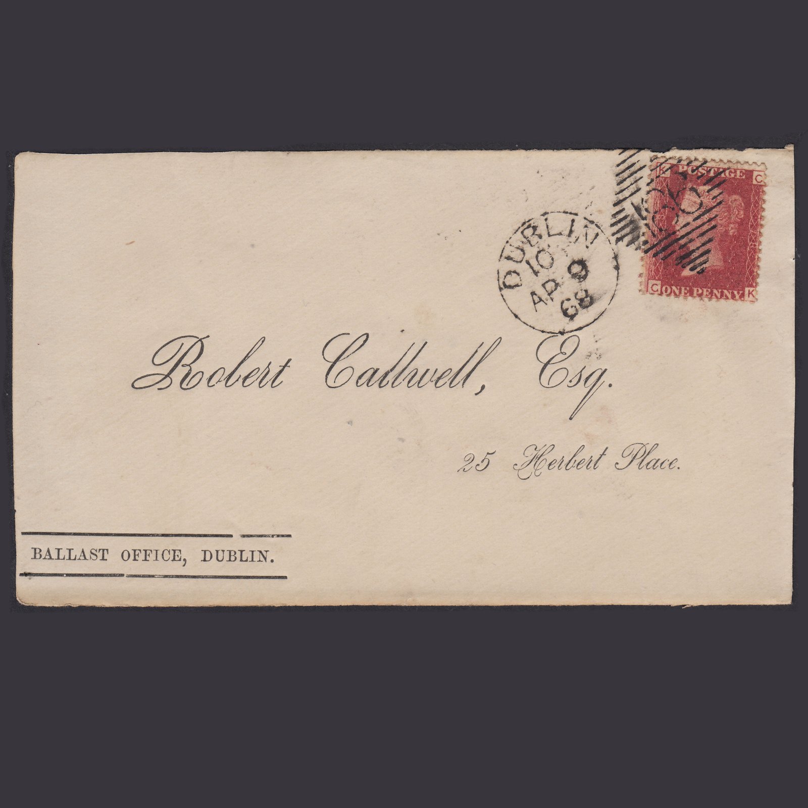 GB QV 1868 1d (Plate 78) SG44-G1(2) CK FU Dublin 186 Ballast Office Front