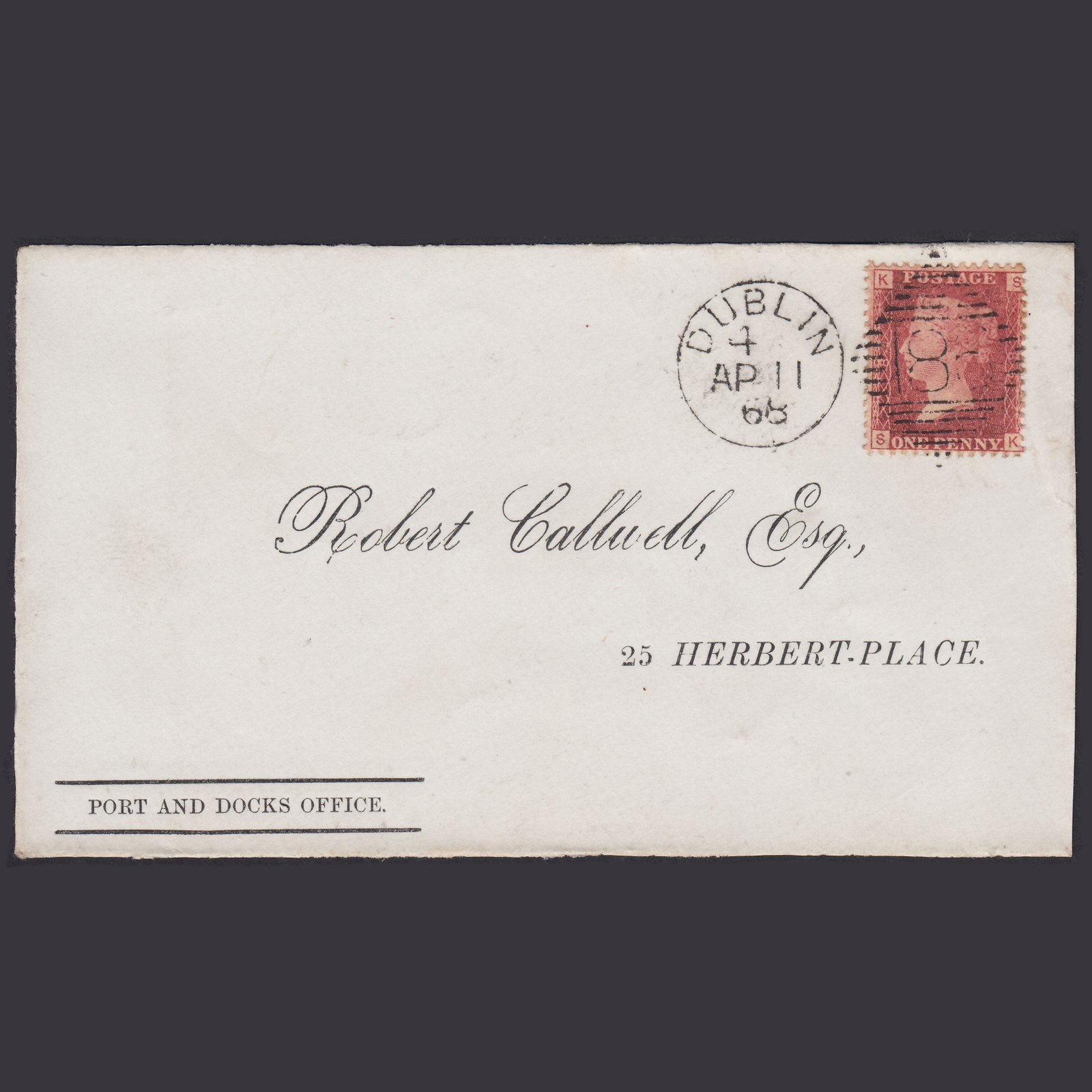 GB QV 1868 1d P85 SG44-G1(2) SK FU Dublin 186 Port And Docks Office Front