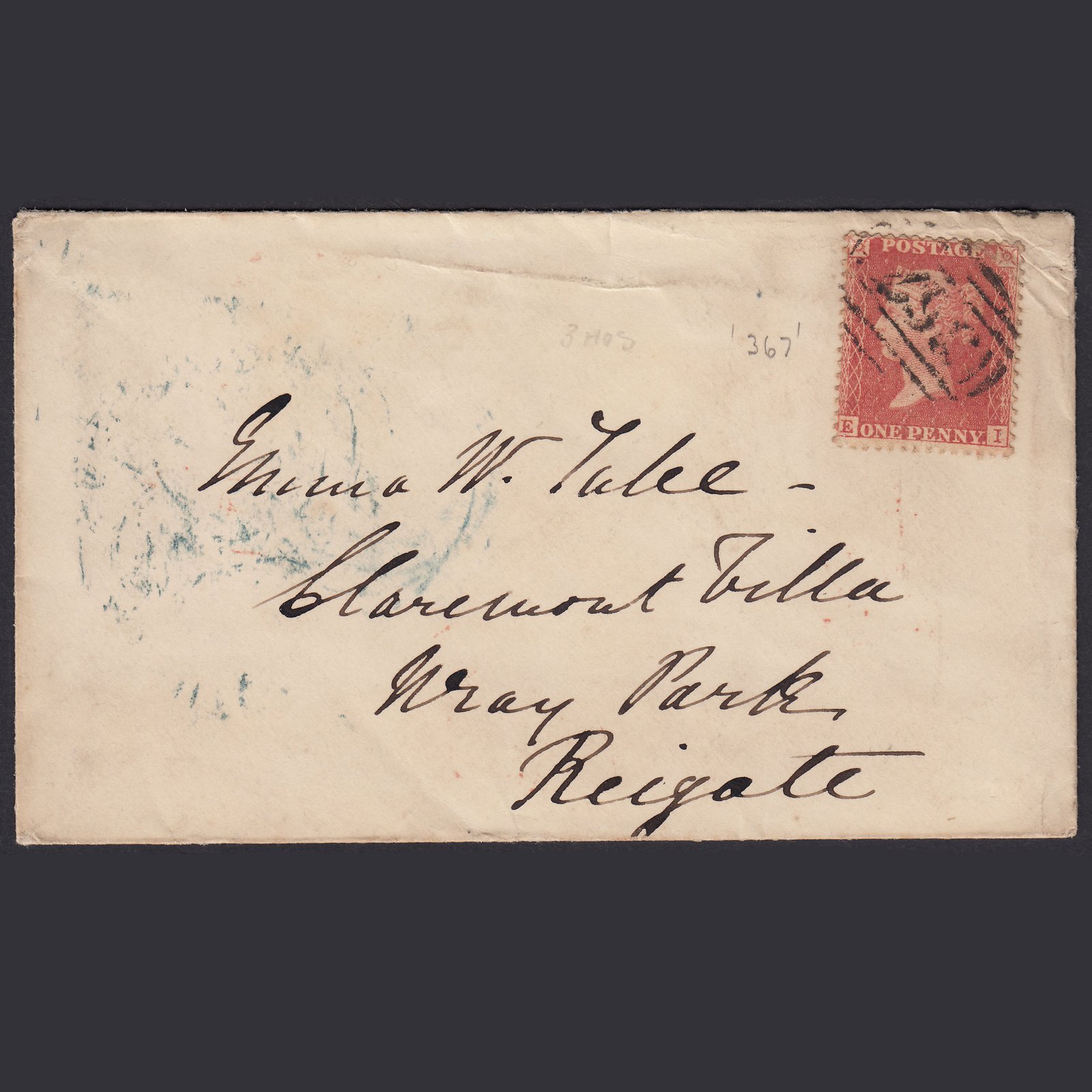 GB QV 1857 1d Pale Red (Plate 37) SGC9(3) EI Hitchin to Reigate Cover