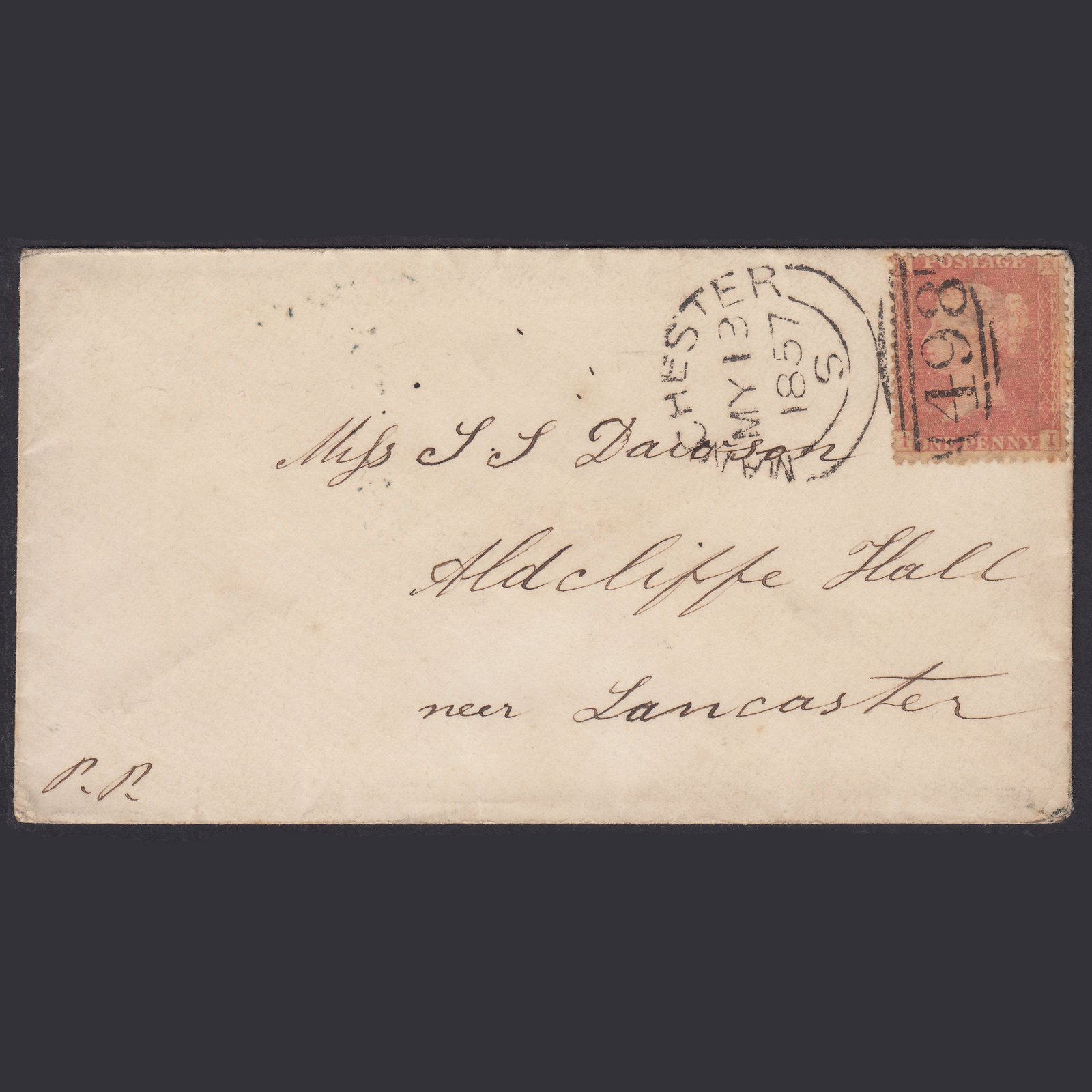 GB QV 1857 1d Pale Red (Plate 31) SGC9(3) TI GU Manchester Cover