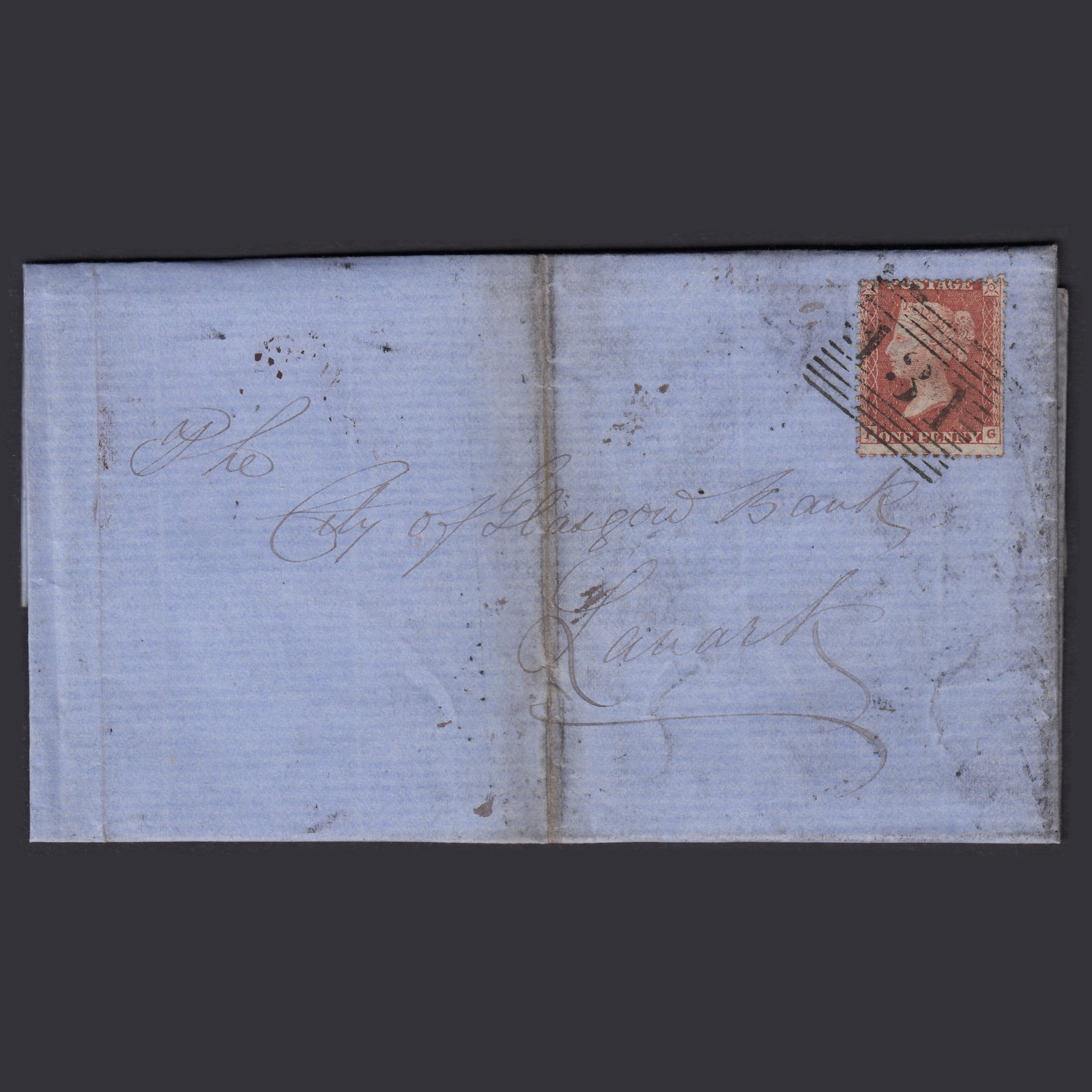 GB QV 1856 1d (Plate 5) SGC6(1) PG GU Edinburgh Lanark Wrapper Minute G