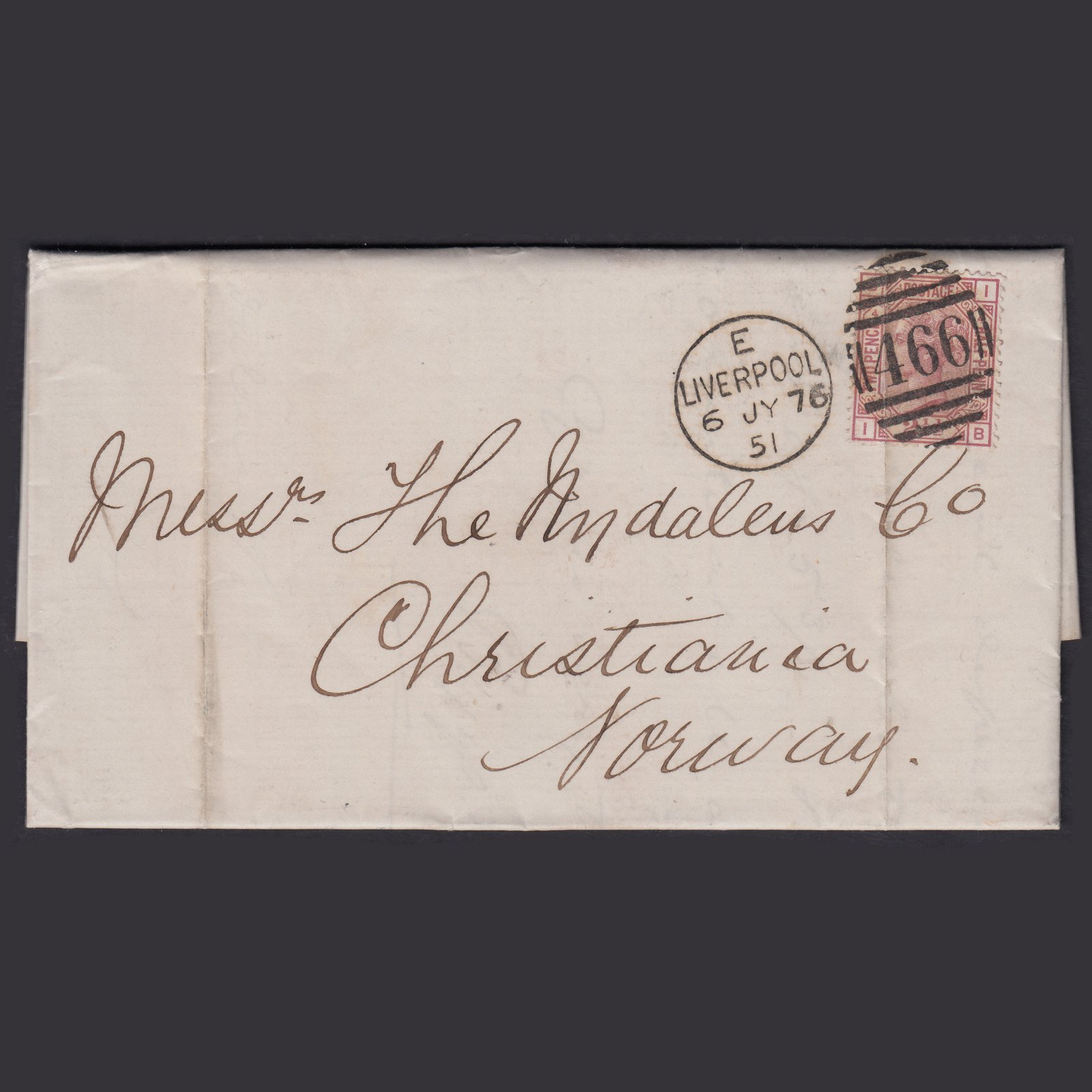 GB QV 1876 2 1/2d (Plate 4) SG141-J4 LE GU Liverpool to Christiania Norway