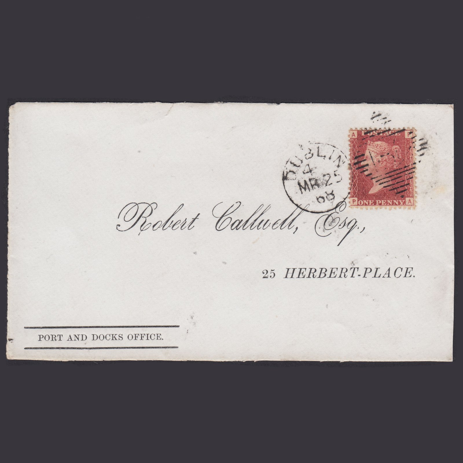 GB QV 1868 1d (Plate 78) SG44-G1(2) PA FU Dublin 186 Port And Docks Office Front