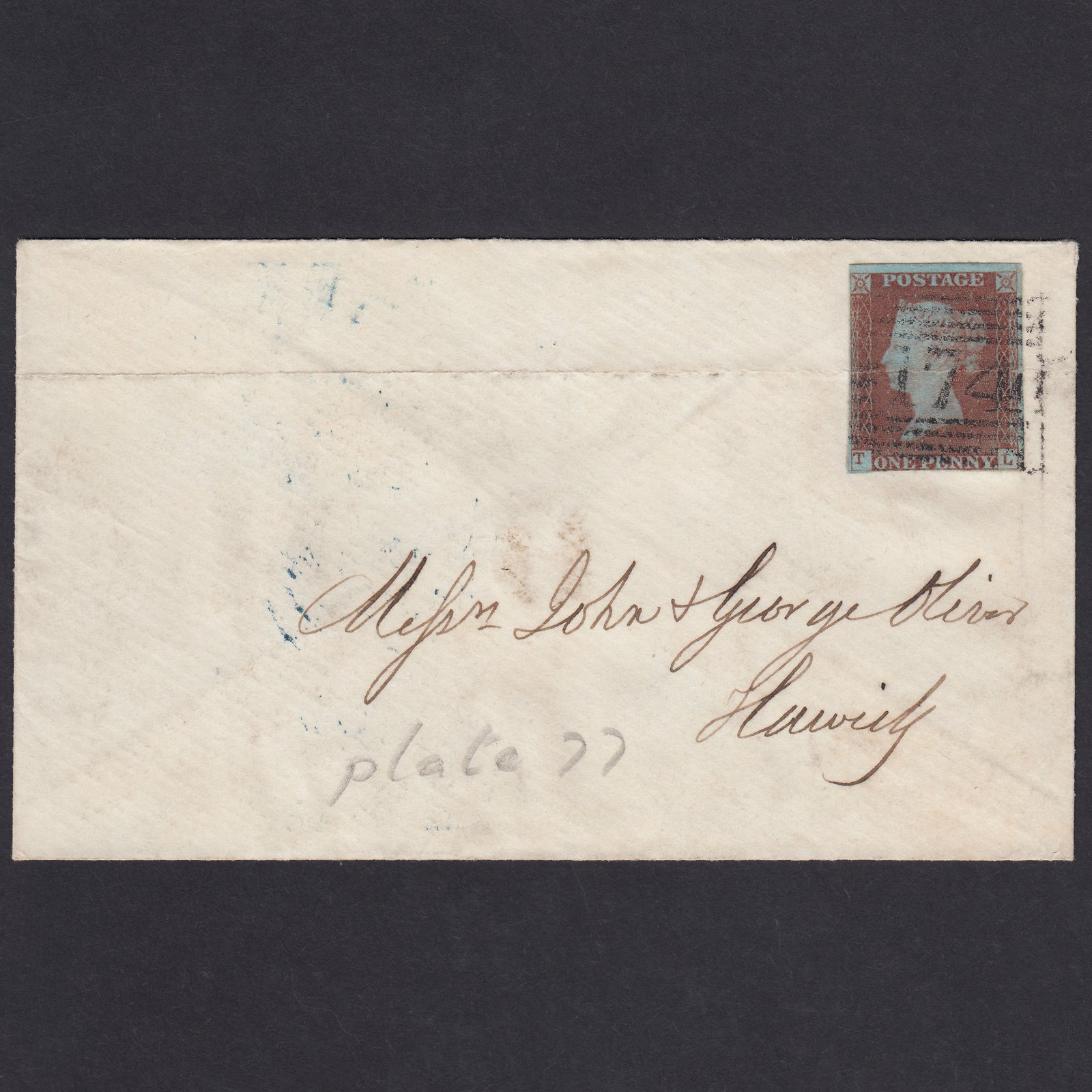 GB QV 1848 1d (Plate 77) SG8-B1(1) TL GU nr 4 Margins Hawick 174 on Cover