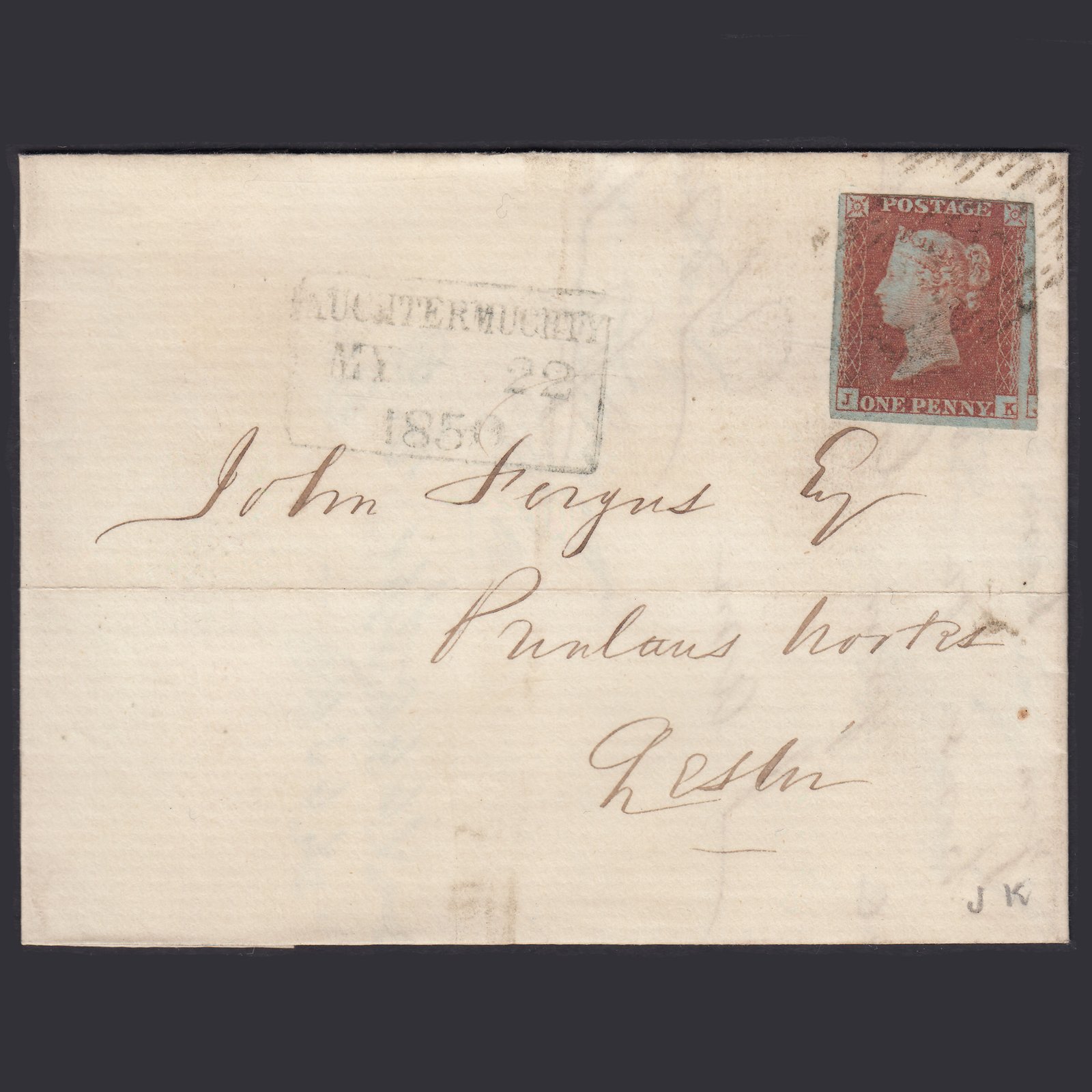 GB QV 1850 1d Pl 92 SG8-B1(1) JK FU 4M Auchtermuchty Sealed Entire