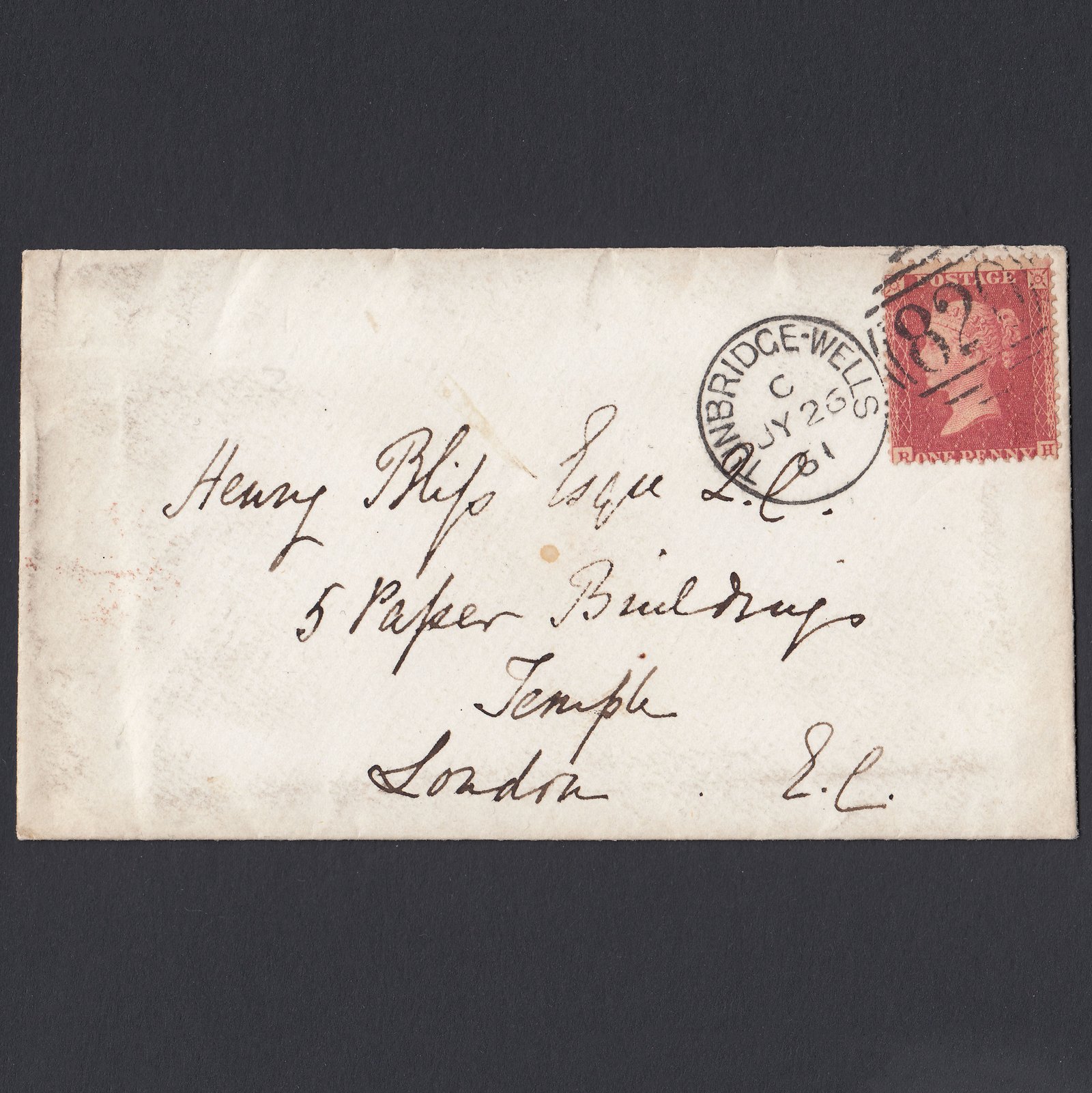 GB QV 1861 1d Plate 64 SG40-C10(1) RH GU Tunbridge London Cover