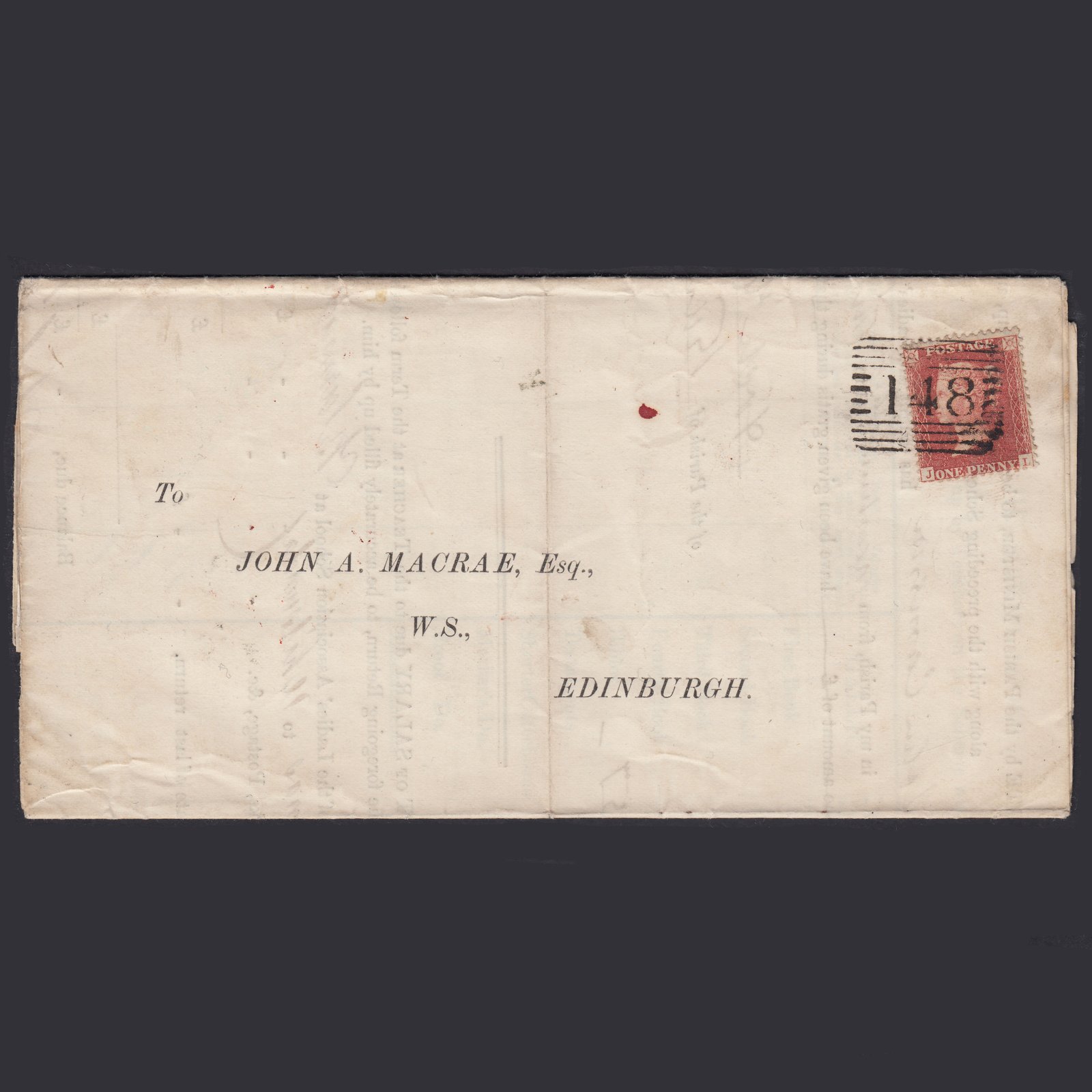 GB QV 1857 1d Plate 40 SGC9A(3) Fort William Edinburgh Entire John Macrae