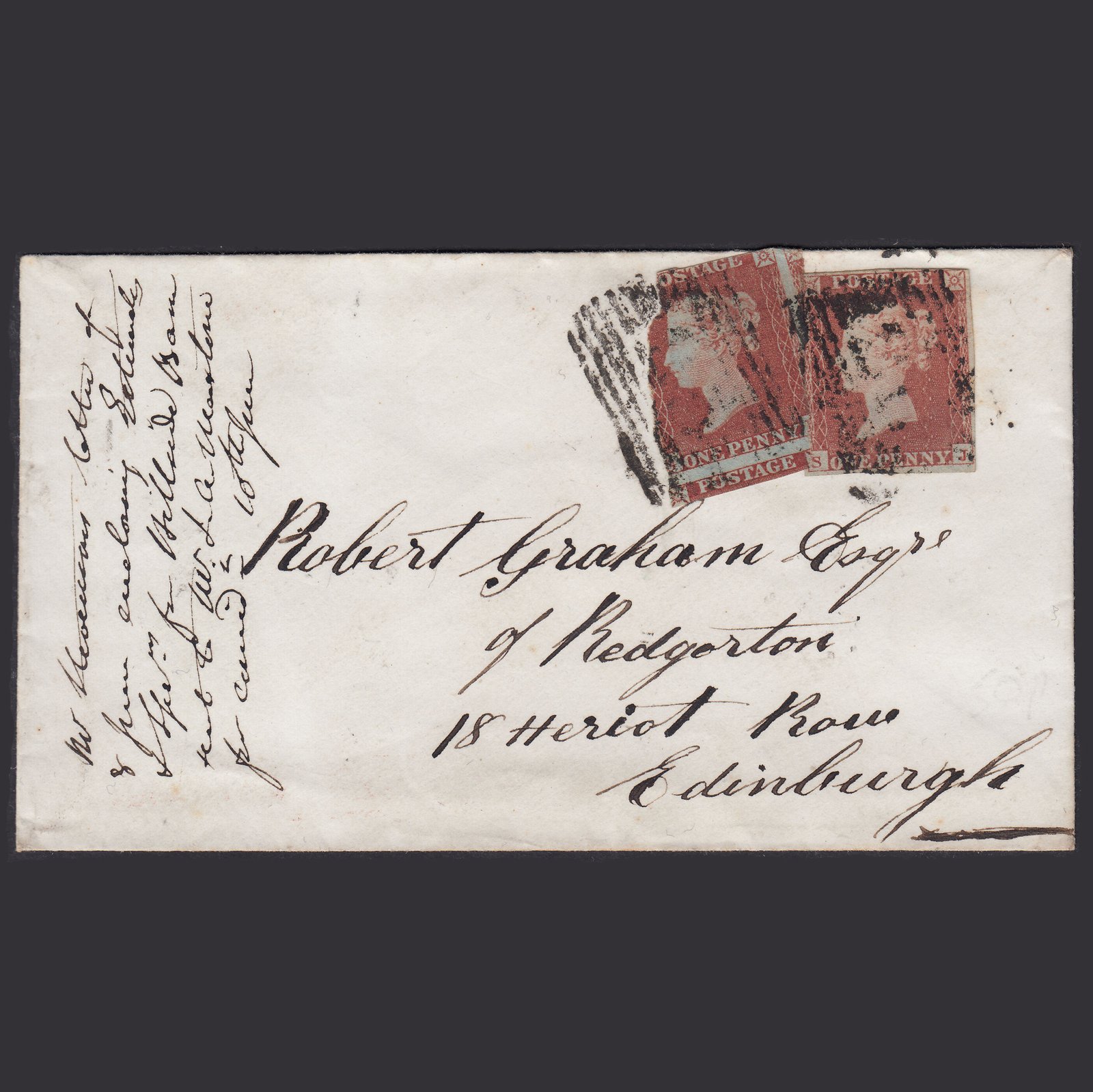 GB QV 1854 1d Plate 172 SG8-B2(1) SJ FU Auchterarder to Edinburgh Cover