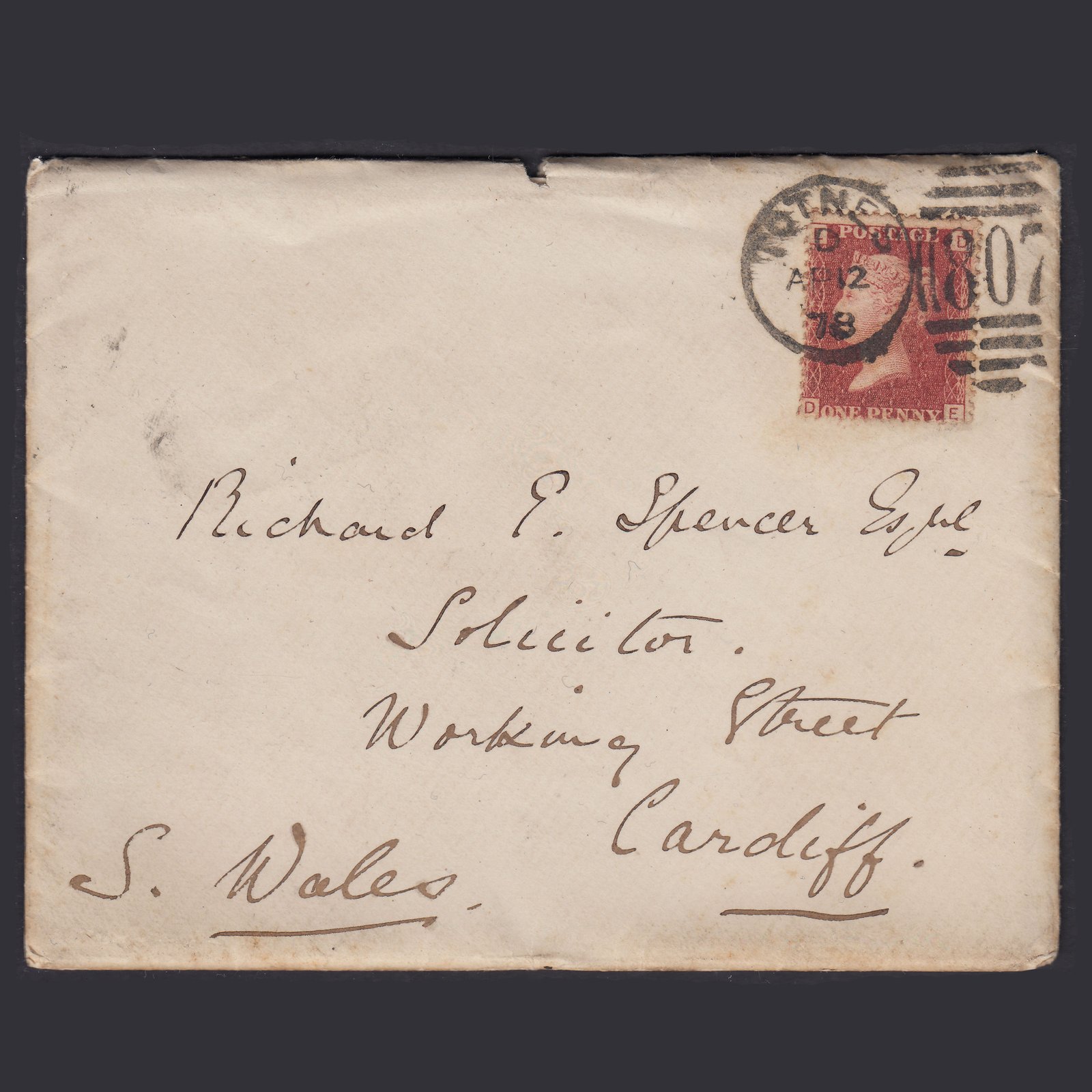 GB QV 1864 1d Pl 192 SG44-G1(2) DE FU Totnes Cardiff Cover & Letter