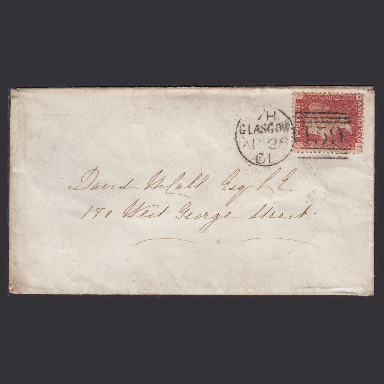GB QV 1861 1d Rose-Red Plate 48 SG40-C10(1) JK FU Glasgow 159 On Cover