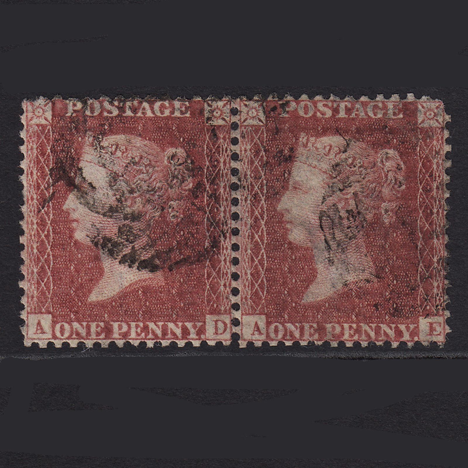 GB QV 1857 1d Rose-red (Plate 52) SG40-C10(1) AD-AE GU Pair Missing Imprimaturs