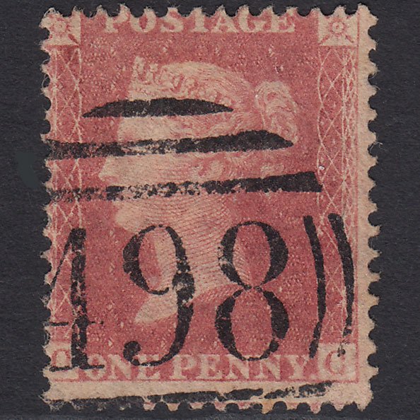 GB QV 1857 1d Pale Rose (Plate 39) SG39-C10(3) CC FU Manchester 498 Misperf
