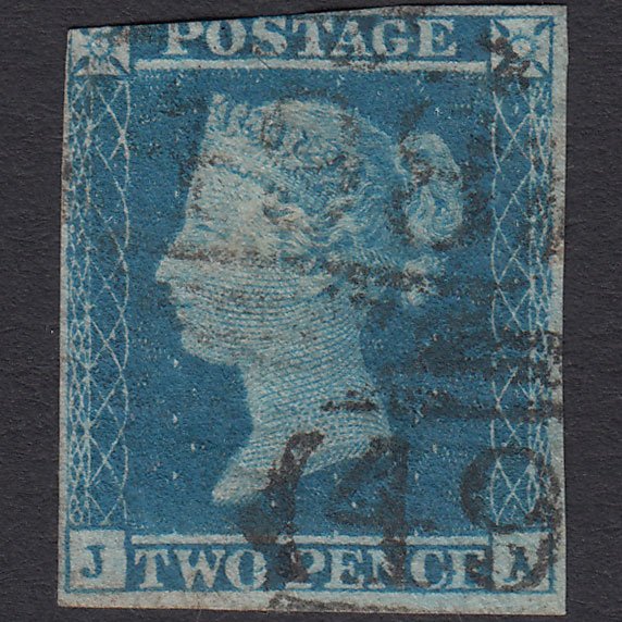 GB QV 1841 2d Blue (Plate 4) SG14-E1(2) JA GU 3 Margins Manchester 498
