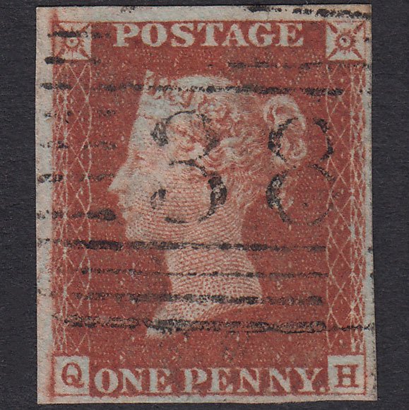 GB QV 1841 1d Red-Brown Plate 62 SG8-B1(1) QH FU 4 Margins Bathgate 38