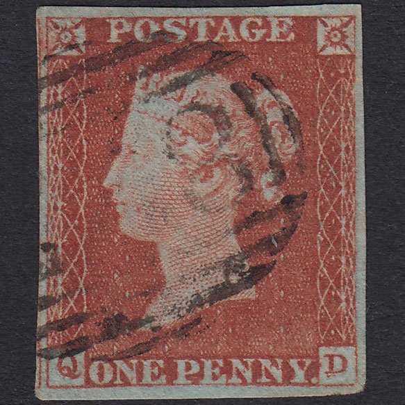 GB QV 1841 1d Red-Brown Plate 54 SG8-B1(1) Re-Entry QD FU 4 Margins