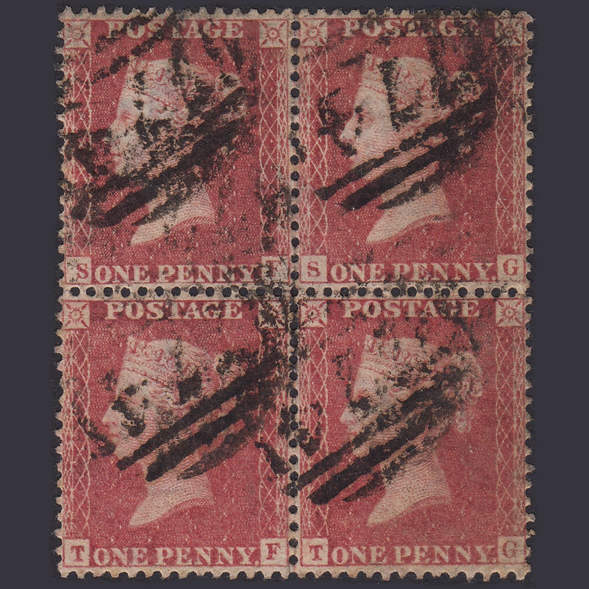 GB QV 1857 1d Plate 34 SG40-C10(1) SF-SG-TF-TG FU Block Of 4 Tamworth 774