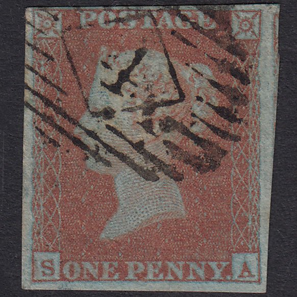 GB QV 1841 1d Very Blued Plate 115 SG8A-B1(2) SA FU 4 Margins London IS 4