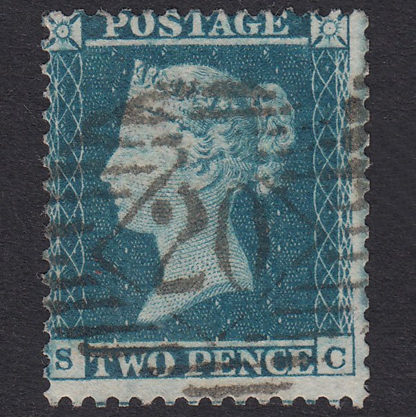 GB QV 1855 2d Greenish Blue Plate 5 SG34-F6(2) SC FU London IS 20