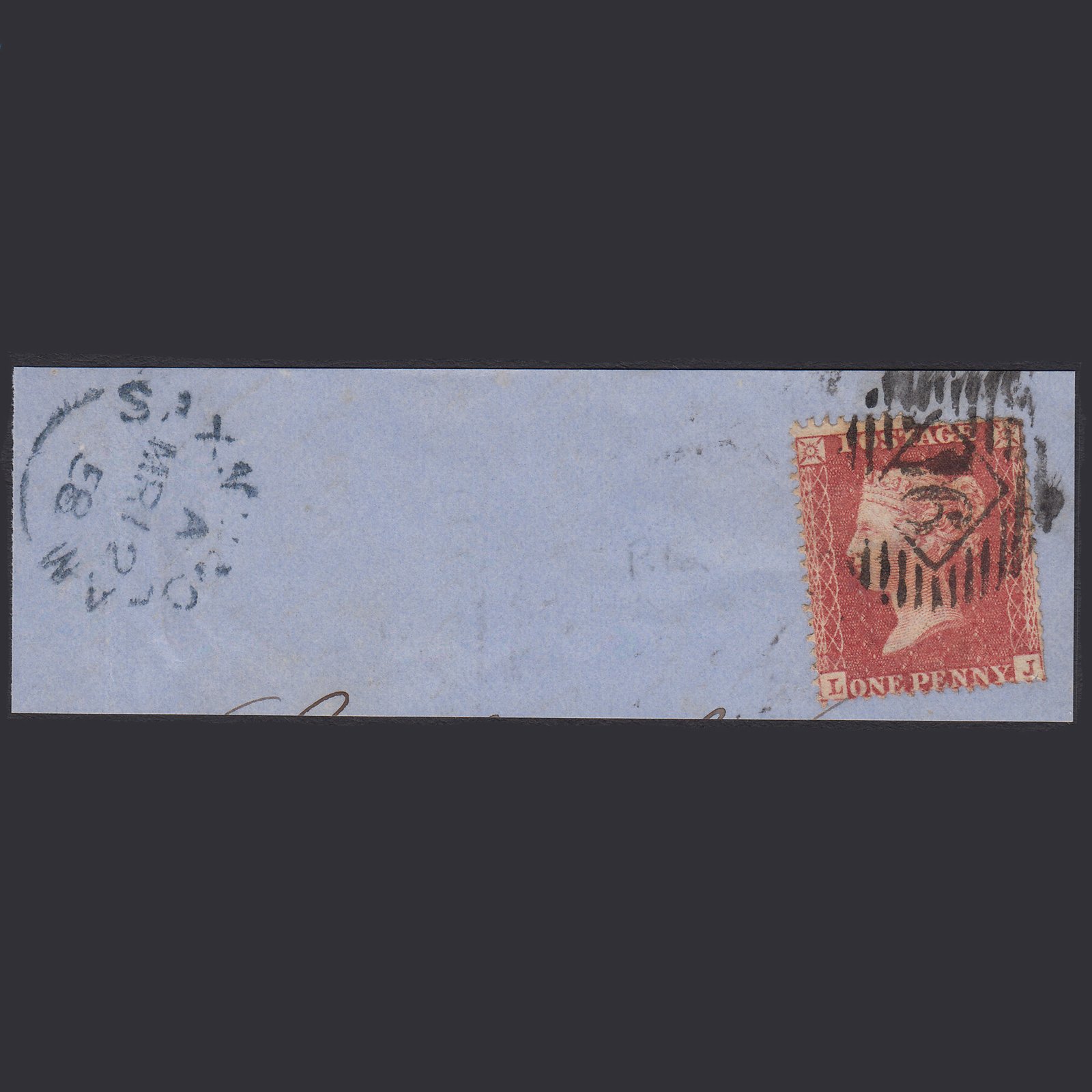 GB QV 1857 1d Rose-red (Plate 38) SG36-C11 LJ GU London IS 16 on Piece