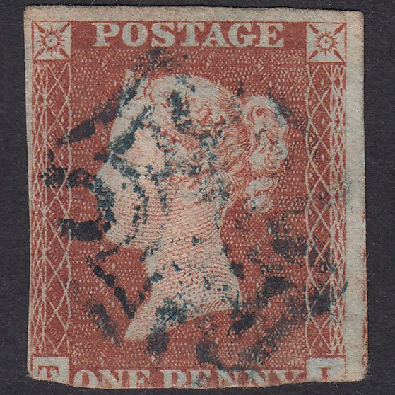GB QV 1841 1d Red-Brown SG8-B1(1) T? PU Blue Maltese Cross Pinhole