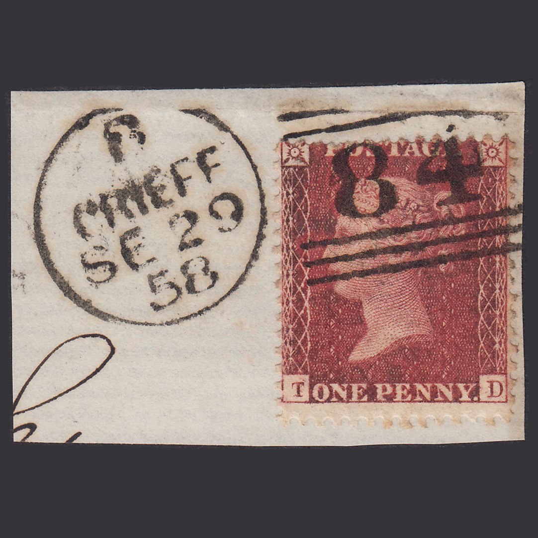 GB QV 1857 1d Deep Rose-Red Plate 56 SG41-C10(4) TD GU Crieff 84 On Piece