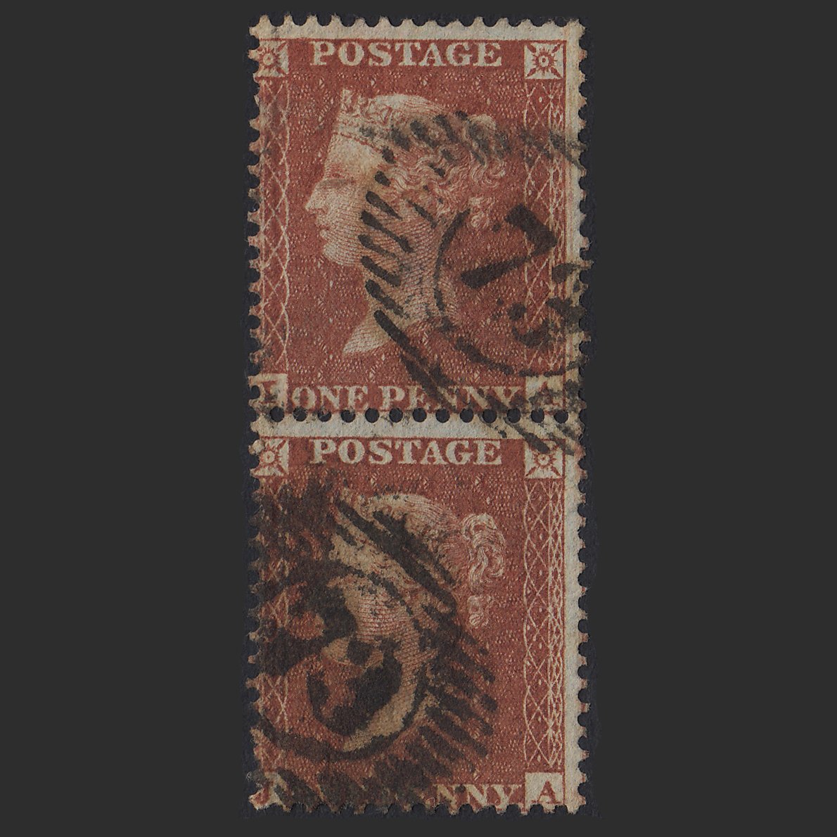 GB QV 1855 1d Red-brown (Plate 7) SGC6(1) IA-JA FU Pair London D&S 73 Misperf