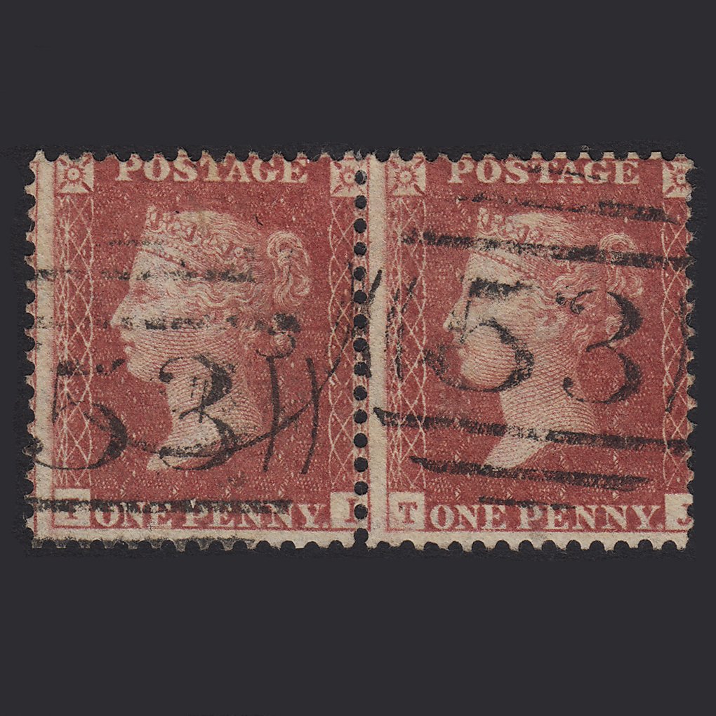 GB QV 1857 1d Rose-red (Plate 59) SG40-C10(1) TI-TJ FU Pair Bath 53