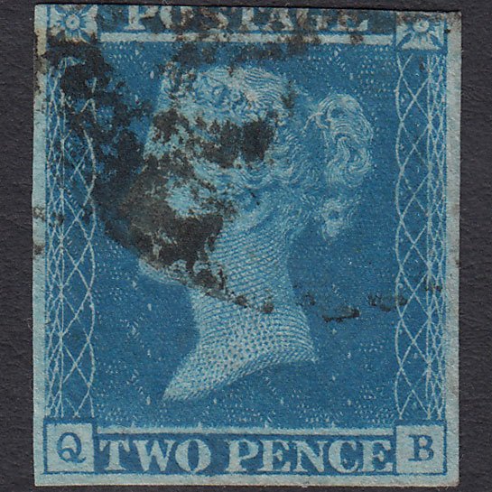 GB QV 1841 2d Blue (Plate 3) SG14-E1(2) QB FU 3 Margins
