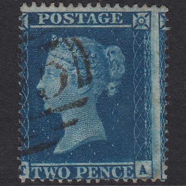 GB QV 1858 2d Blue Plate 6 SG36A-F8 TA FU Light Cancel Misperf