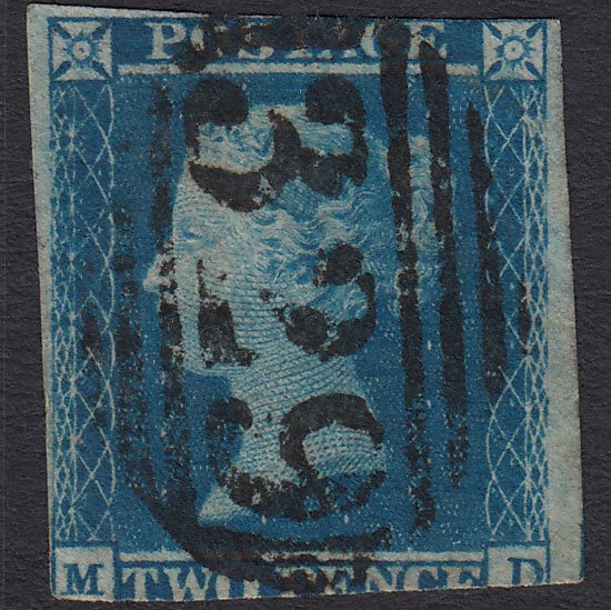 GB QV 1841 2d Blue (Plate 4) SG14-E1(2) MD GU Halesworth 329