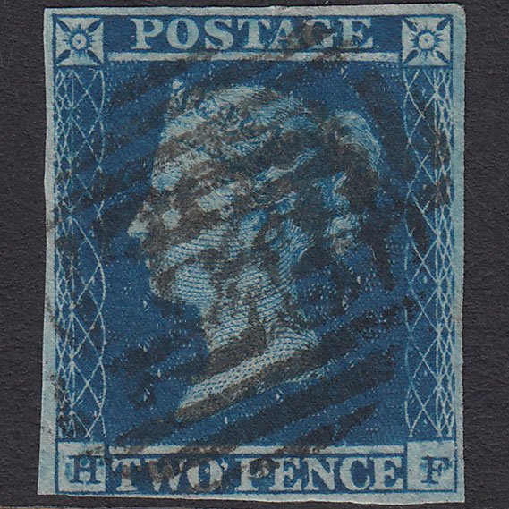 GB QV 1841 2d Blue (Plate 4) SG14-E1(2) HF GU 4 Margins