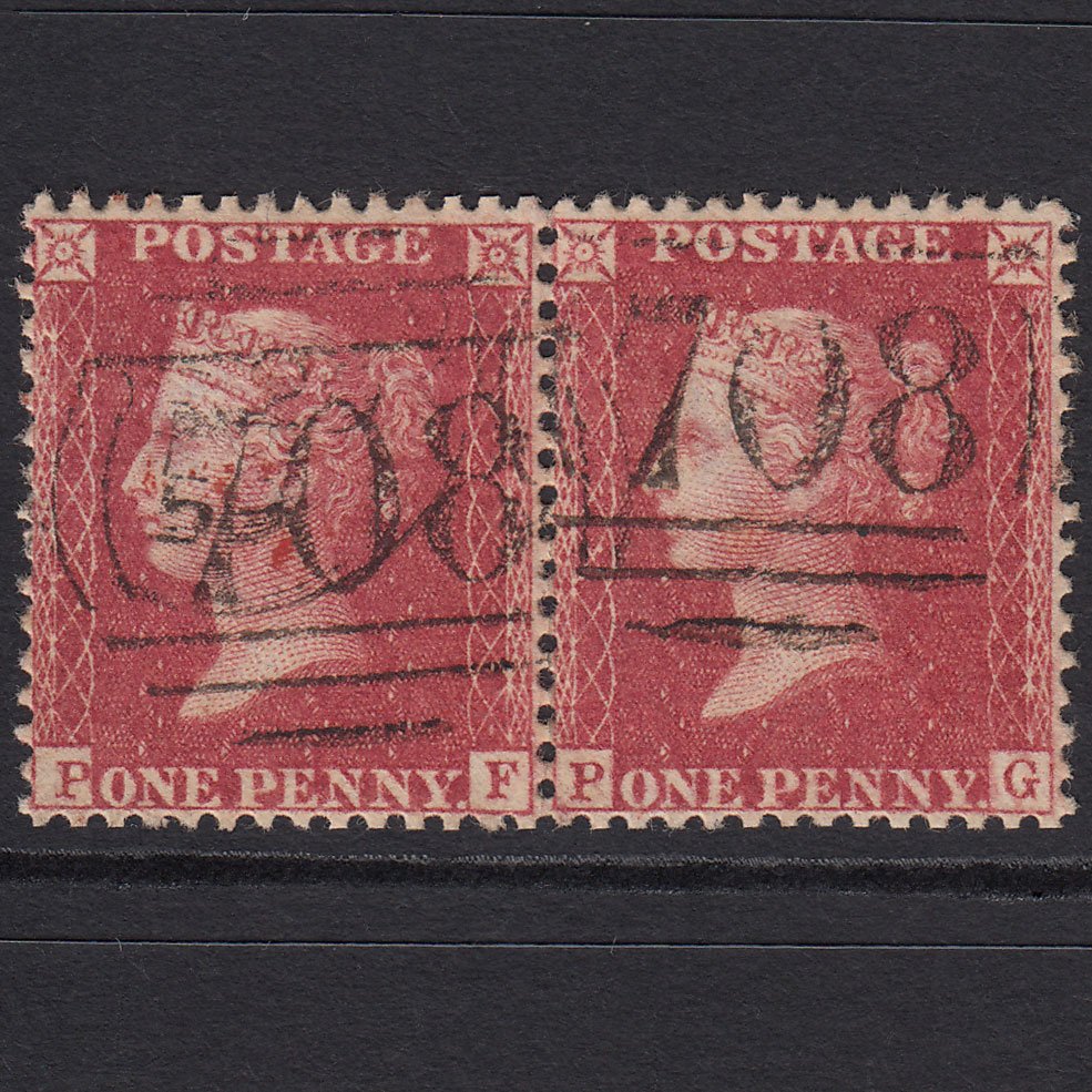 GB QV 1857 1d Rose-red (Plate 42) SG40-C10(1) PF-PG VFU Pair Shrewsbury 708