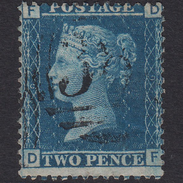GB QV 1858 2d Blue (Plate 9) SG45-G2 DF FU Light Cancel Misperf