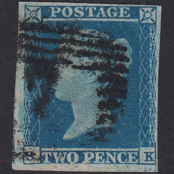 GB QV 1841 2d Blue Plate 4 SG14-E1(2) SK FU 4 Margins Alloa 7
