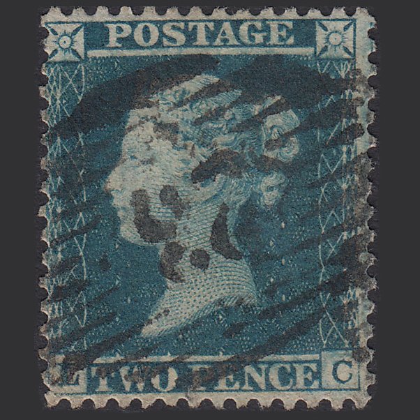 GB QV 1855 2d Greenish Blue (Plate 5) SG34-F6(2) LC FU London IS Cancel
