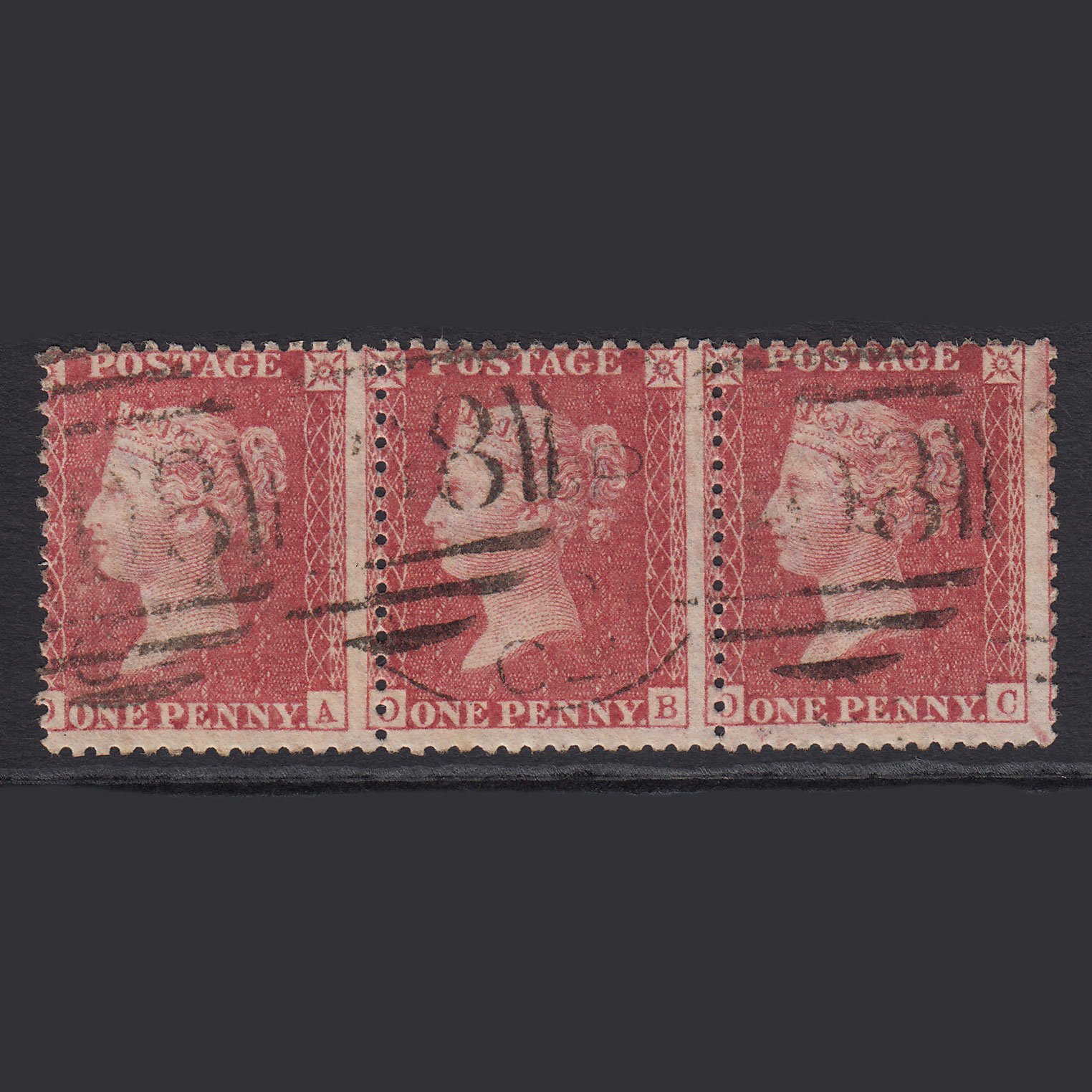 GB QV 1857 1d Rose-red (Plate 38) SG40-C10(1) OA-OB-OC FU Strip OF 3