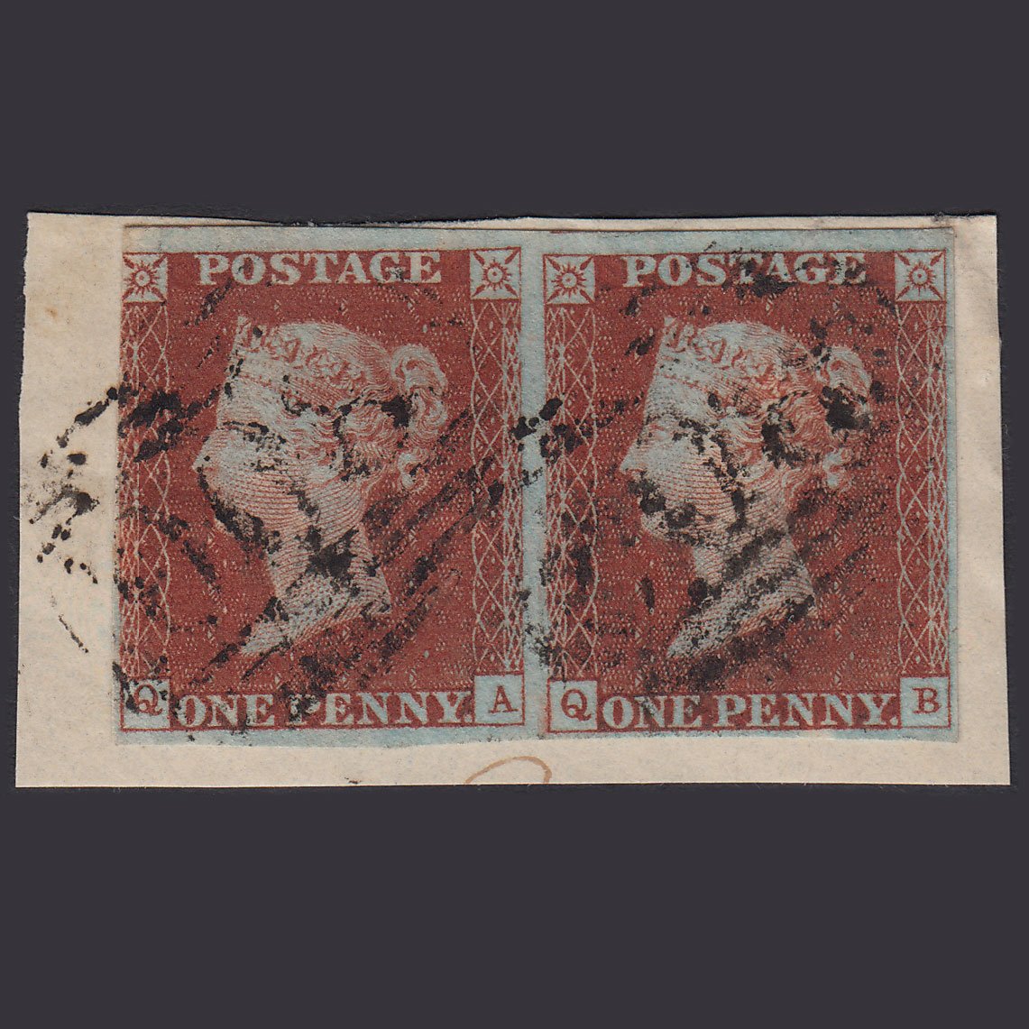 GB QV 1841 1d (Plate 45) SG8-B1(1) QA-QB FU Pair nr 4M Tiverton 800 on Piece