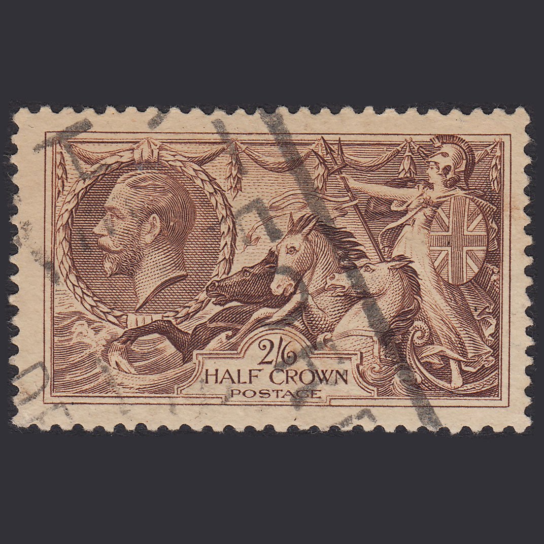 GB KG5 1934 10/- Indigo Seahorses SG452-N75 GU Parcel Cancel